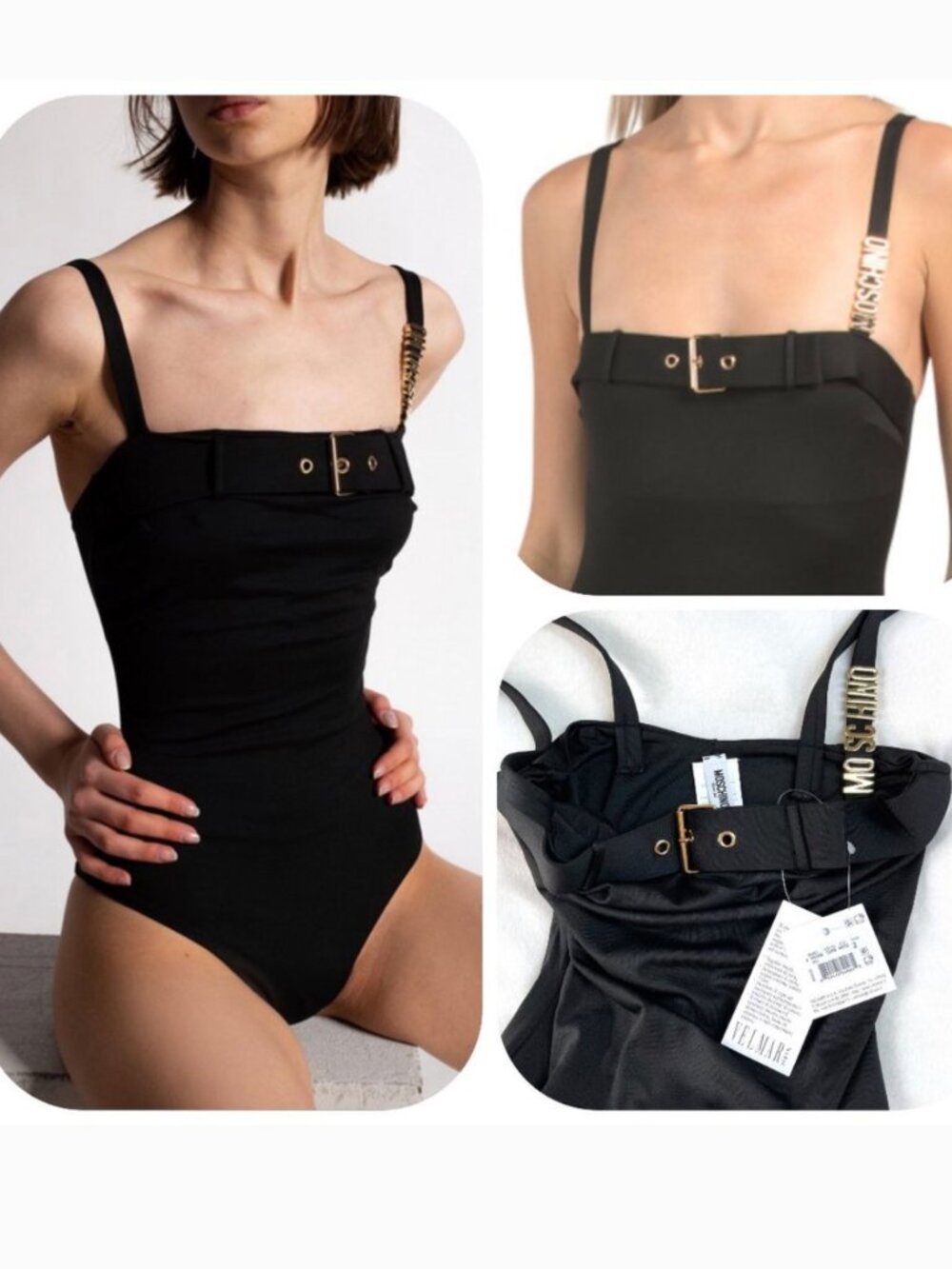 NWT MOSCHINO Belted Neckline Gold metal logo black 1 piece Swimsuit